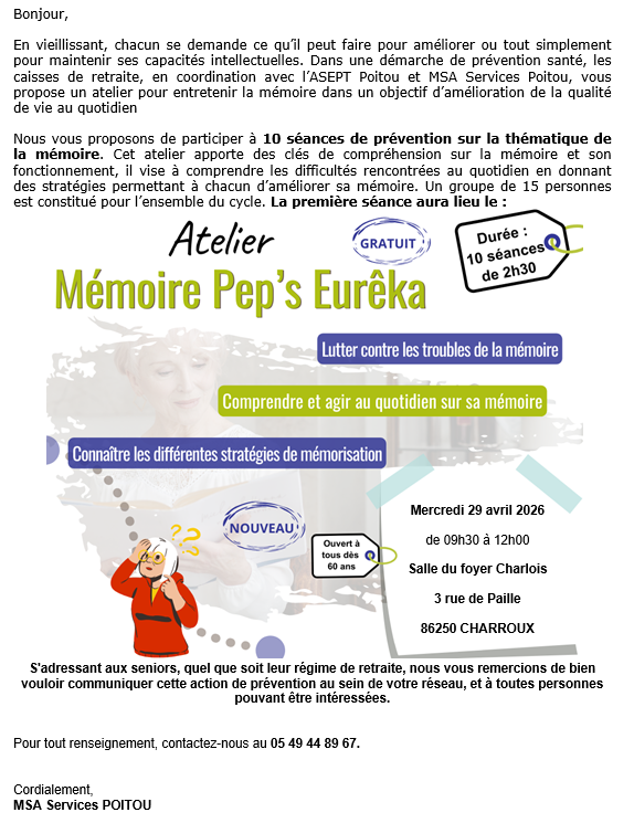 MSA SERVICES POITOU – Atelier ” Pep’s Eureka” à Charroux